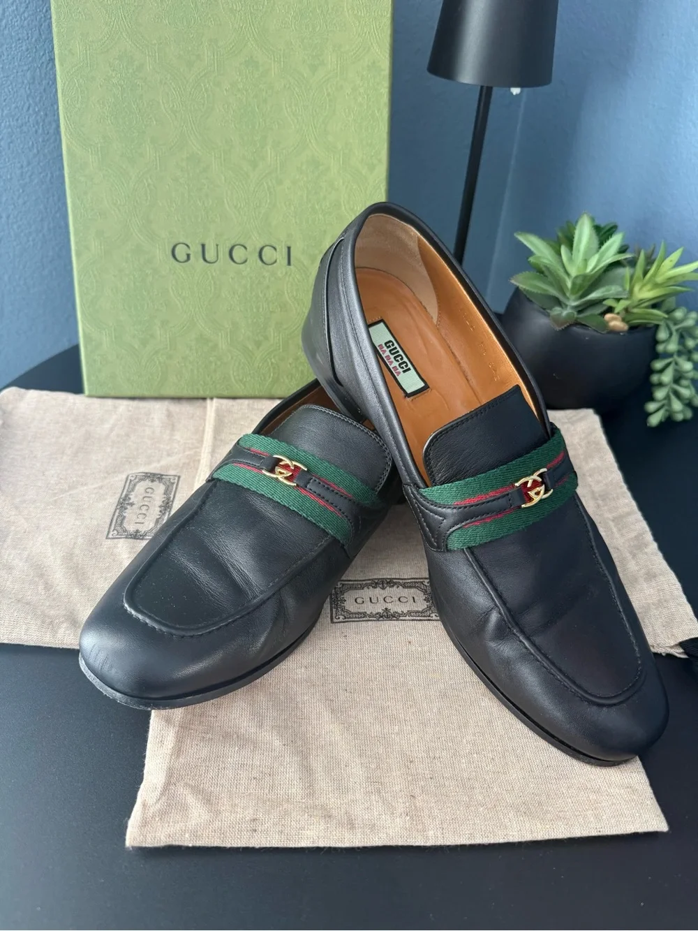 Gucci Black Leather Loafers with Green-Red Web and Gold Hardware